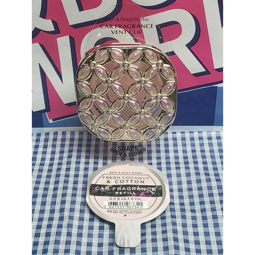 BBW Gold Gem & Pink Iridescent Flowers Vent Clip Car Fragrance Holder w. Refill